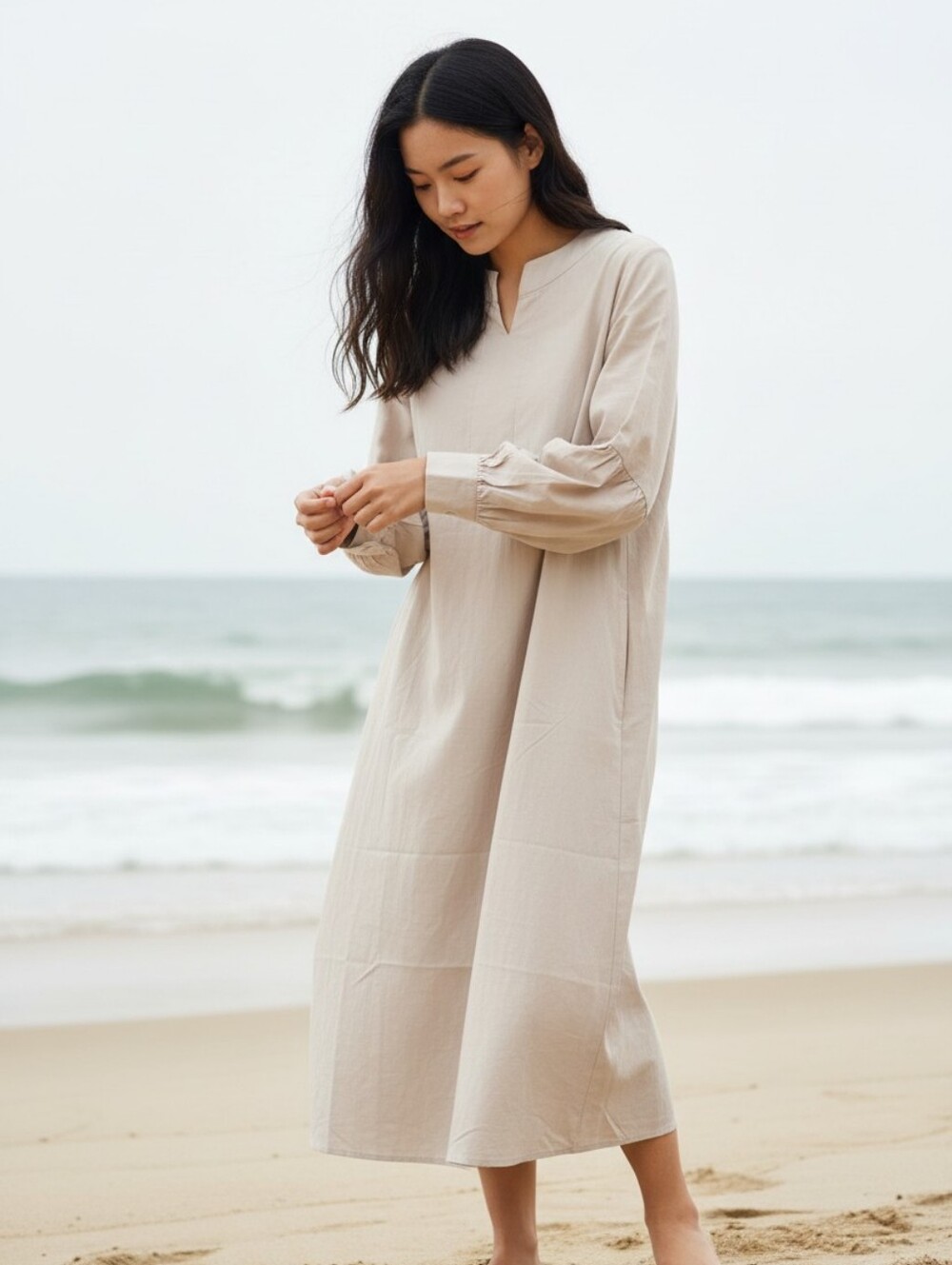 Boho Long Beach Dress Swim Cover-Up Oatmeal Medium Lagenlook Minimalist Modest - Picture 2 of 8